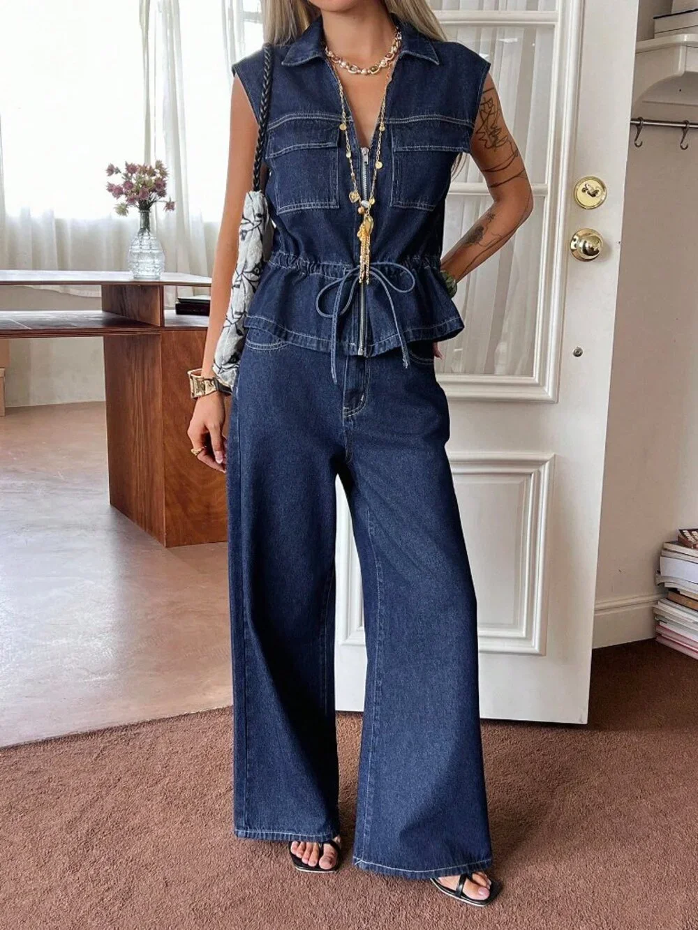 Blue Casual Women's Drawstring Waist Sleeveless Top And Jeans Pants Set